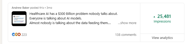 Andrew Baker LinkedIn post — 25,481 impressions, 138 comments