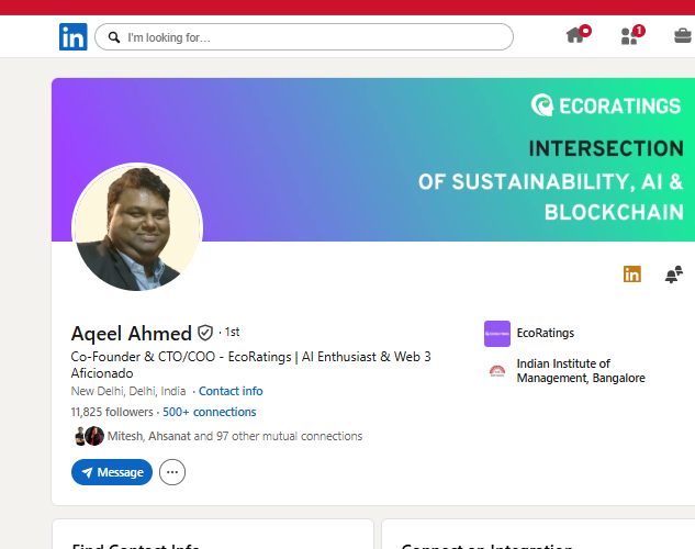 Aqeel Ahmed LinkedIn profile — EcoRatings, 11,825 followers