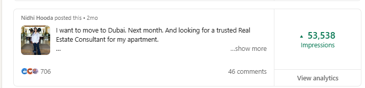Nidhi Hooda LinkedIn post — 53,538 impressions, 46 comments