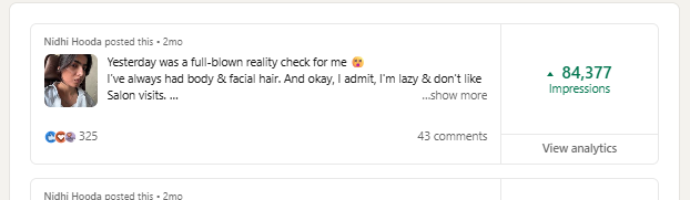 Nidhi Hooda LinkedIn post — 84,377 impressions, 43 comments