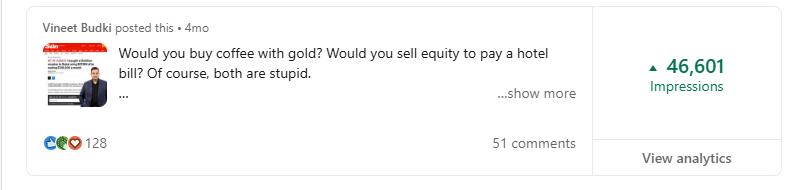 Vineet Budki LinkedIn post — 46,601 impressions, 51 comments